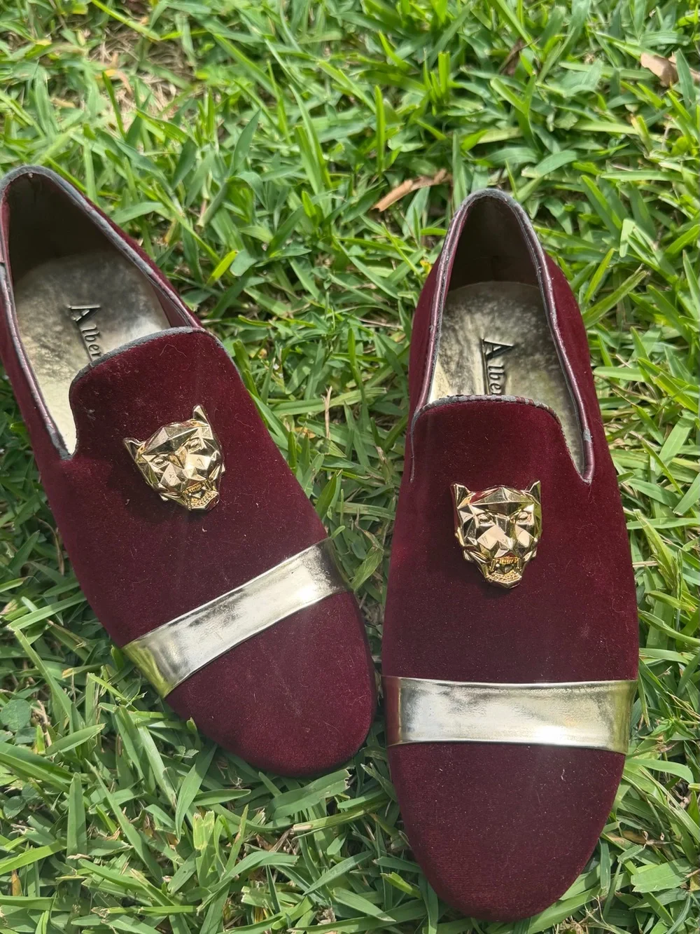 Men's Burgundy Velvet Slip-On Loafers with Gold Accent